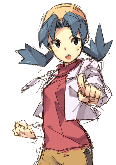 1girl angry blue_eyes blue_hair clenched_hands crystal_(pokemon) hat hips jacket nintendo pokemon pokemon_(game) pokemon_gsc solo twintails