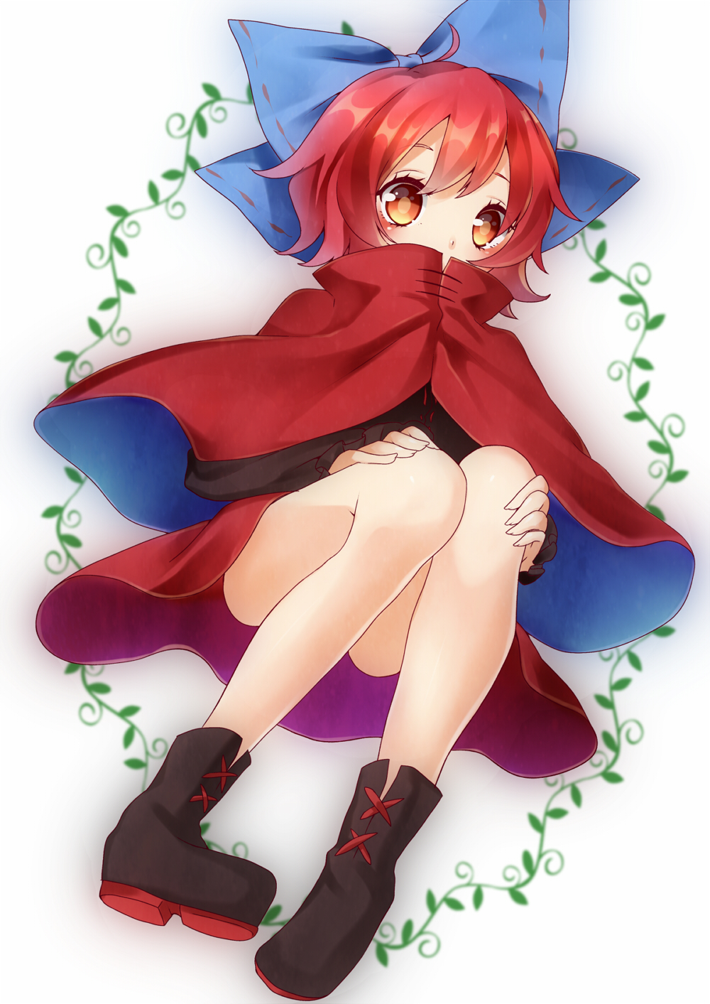 bad_id bad_pixiv_id bare_legs boots bow cape covered_mouth cross-laced_footwear hair_bow hands_on_own_knees highres kyouda_suzuka plant red_eyes red_hair sekibanki shirt skirt solo touhou upskirt vines