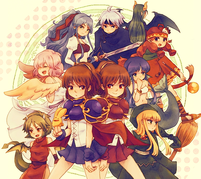 6+girls arle_nadja armor armored_dress blonde_hair blue_hair broom brown_eyes brown_hair cape capelet carbuncle_(puyopuyo) chiko_(puyopuyo) china_dress chinese_clothes clenched_hand closed_eyes creature doppelganger_arle draco_centauros dragon_tail dragon_wings dress everyone green_hair half_updo harpy_(puyopuyo) hat horns long_hair madou_monogatari mermaid monster_girl multiple_boys multiple_girls oto_(gapa742) pink_hair puyopuyo red_eyes rulue_(puyopuyo) satan_(puyopuyo) schezo_wegey seriri_(puyopuyo) short_hair skirt smile staff sword tail tribal weapon white_hair wings witch_(puyopuyo)