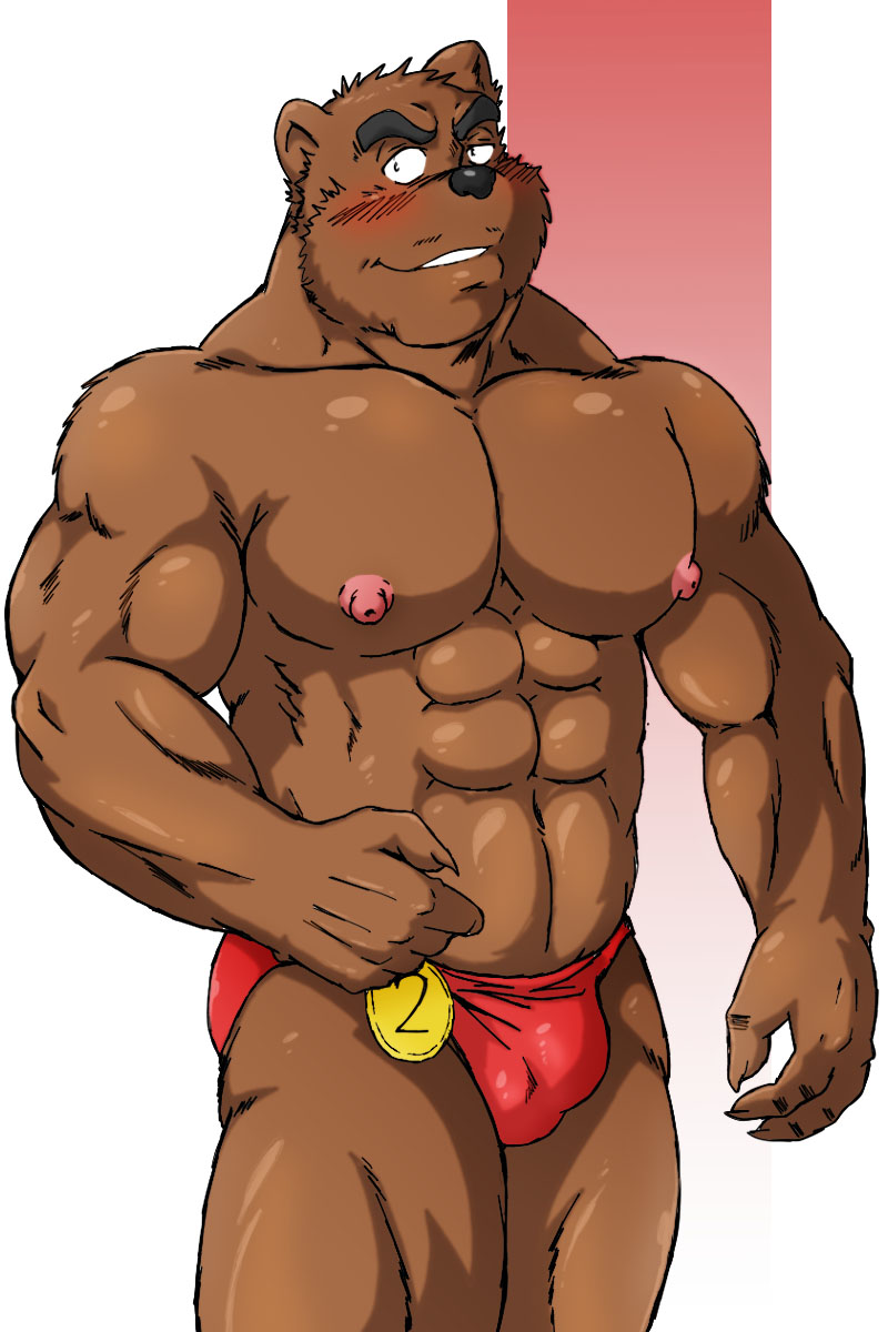 abs anthro bear biceps big_muscles bikini black_nose blush bodybuilder brown_fur bulge canine clothing funeral-paws fur grin grizzly_bear hayato_katsuda hunk looking_at_viewer male mammal muscles nipples pecs pose smile solo standing swimsuit swinsuit teeth thong topless underwear
