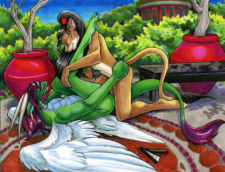 akiyu anal anal_penetration anthro anvil_position asian ayame_emaya black_hair chinese_dragon couple dragon duo eastern feathered feathered_wings feathers gay green_dragon hair happy happy_sex holding interspecies long_ears long_hair male missionary_position nude oriental penetration ryuki scalie sex smile whiskers wings zakkie_starres