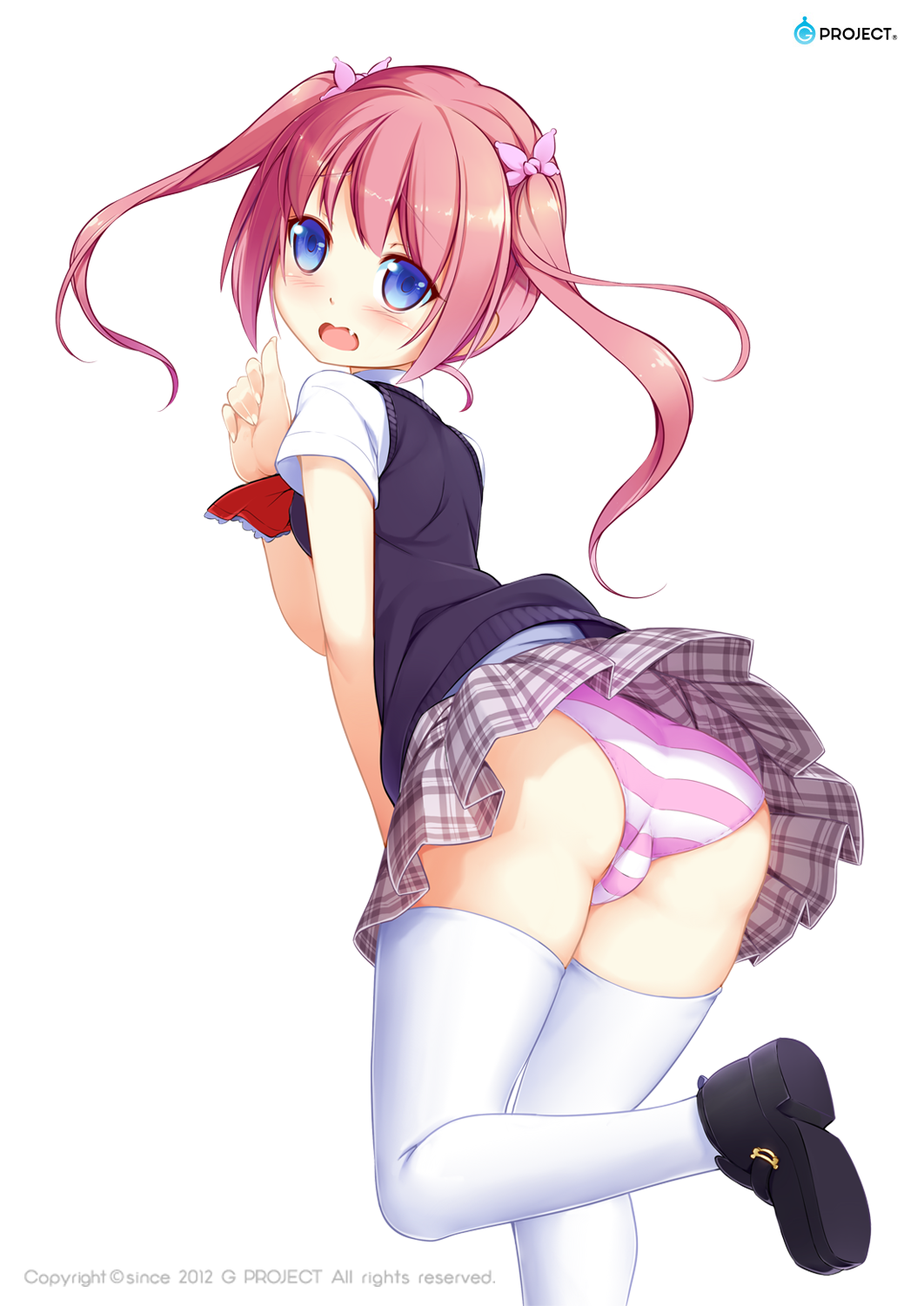 aoi_tsunami ass blue_eyes blush fang hair_ornament highres loafers original panties pantyshot pink_hair school_uniform shoes skirt solo striped striped_panties sweater_vest thighhighs trefoil twintails underwear