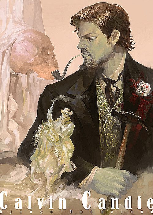beard blood bloody_clothes brown_hair calvin_candie character_name corsage django_unchained facial_hair formal hammer leonardo_dicaprio male_focus pipe pipe_in_mouth profile realistic riko233 skull smoking solo suit
