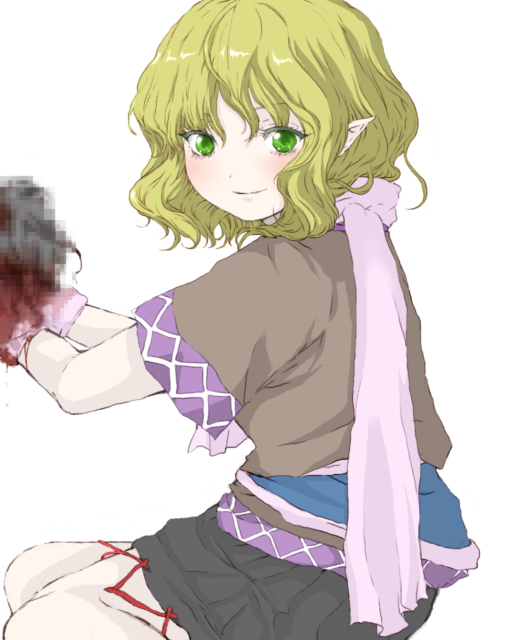 arm_warmers arms_up blonde_hair blood censored dress green_eyes highres layered_dress looking_at_viewer looking_back matsushiro_sasaka mizuhashi_parsee mosaic_censoring pointy_ears short_hair short_sleeves simple_background smile solo touhou white_background
