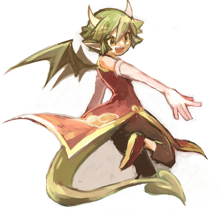 china_dress chinese_clothes draco_centauros dragon_girl dragon_horns dragon_tail dragon_wings dress elbow_gloves gloves green_hair green_wings horns karatou madou_monogatari pants puyopuyo shoes short_hair solo tail white_gloves wings