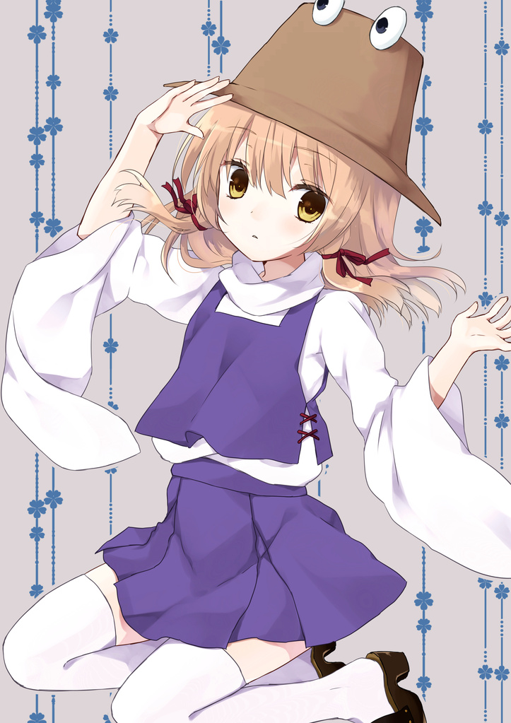 blonde_hair hair_ribbon hat long_sleeves looking_at_viewer moriya_suwako purin_jiisan ribbon shirt skirt skirt_set solo thighhighs touhou vest white_legwear wide_sleeves yellow_eyes zettai_ryouiki