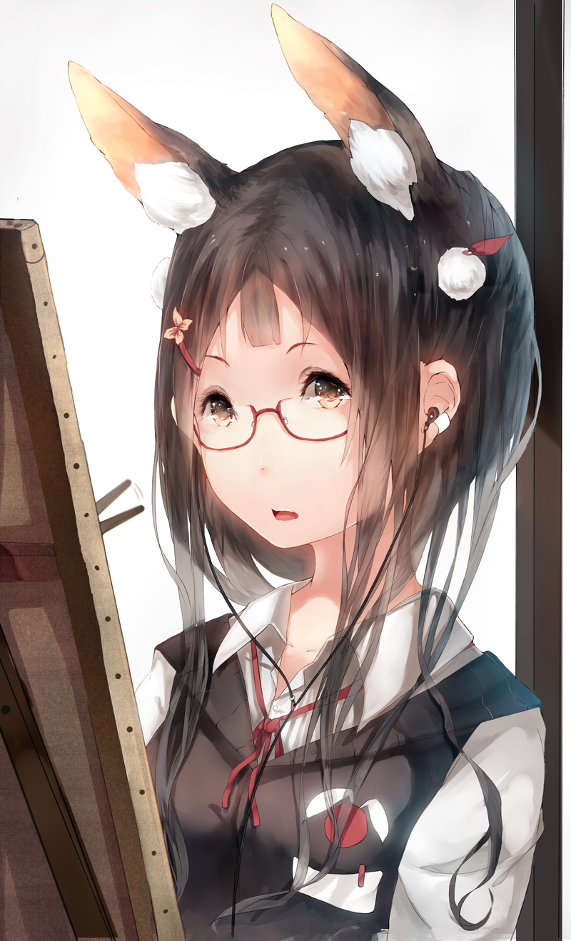 animal_ears bad_id bad_pixiv_id brown_eyes brown_hair bunny_ears canvas_(object) earbuds earphones easel glasses hadean92 hair_ornament hairpin highres original parted_lips school_uniform solo sweater_vest