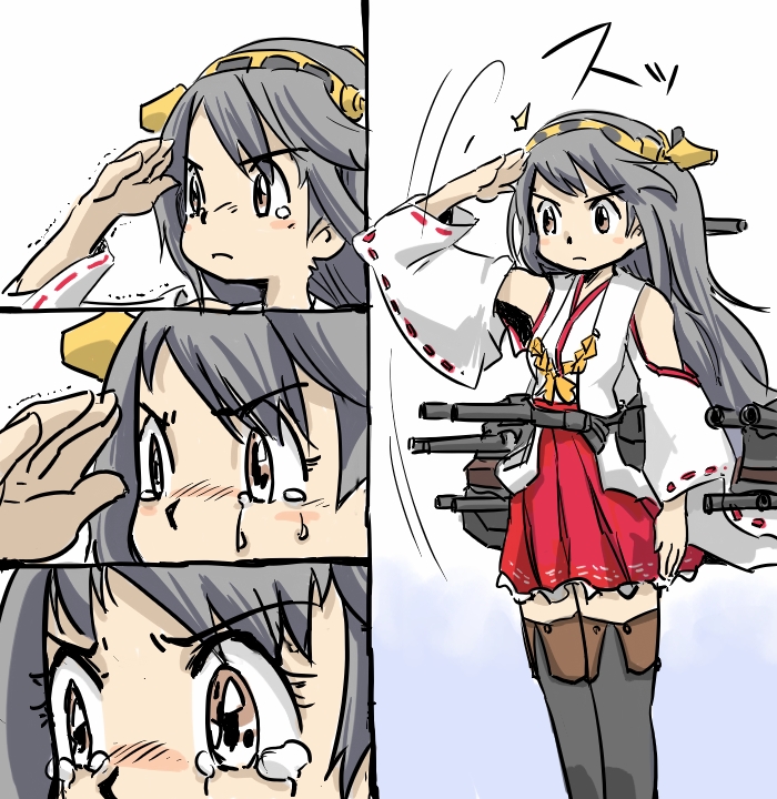 4koma boots comic crying crying_with_eyes_open hair_ornament hairband haruna_(kantai_collection) kantai_collection nontraditional_miko ohyo pleated_skirt salute skirt tears thigh_boots thighhighs zettai_ryouiki