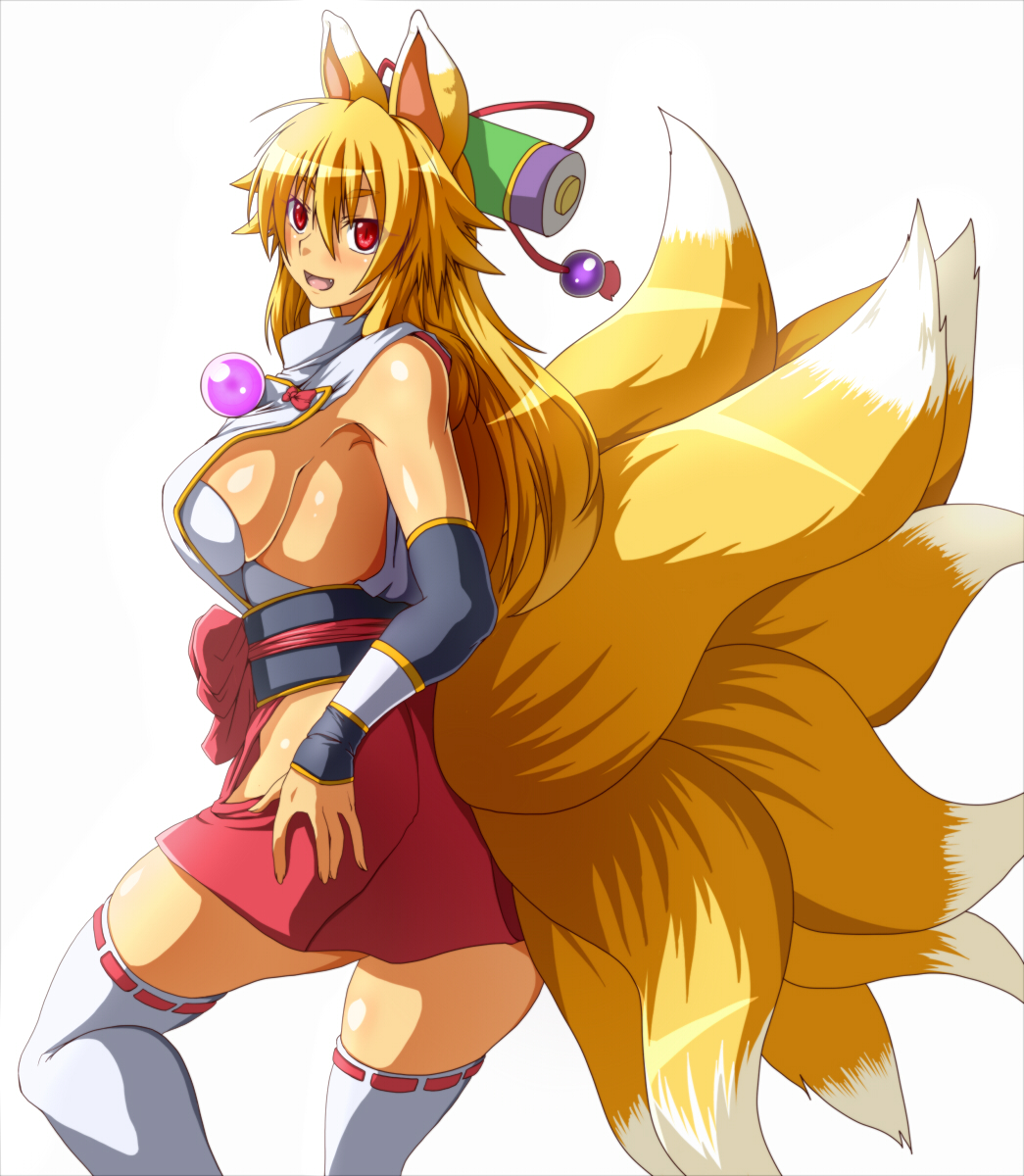 animal_ears bare_shoulders blonde_hair breasts fang fox_ears fox_tail highres hip_vent izuna_(shinrabanshou) large_breasts long_hair looking_at_viewer multiple_tails open_mouth pepo_(absolute1123) red_eyes shinrabanshou sideboob simple_background solo tail thighhighs white_background white_legwear