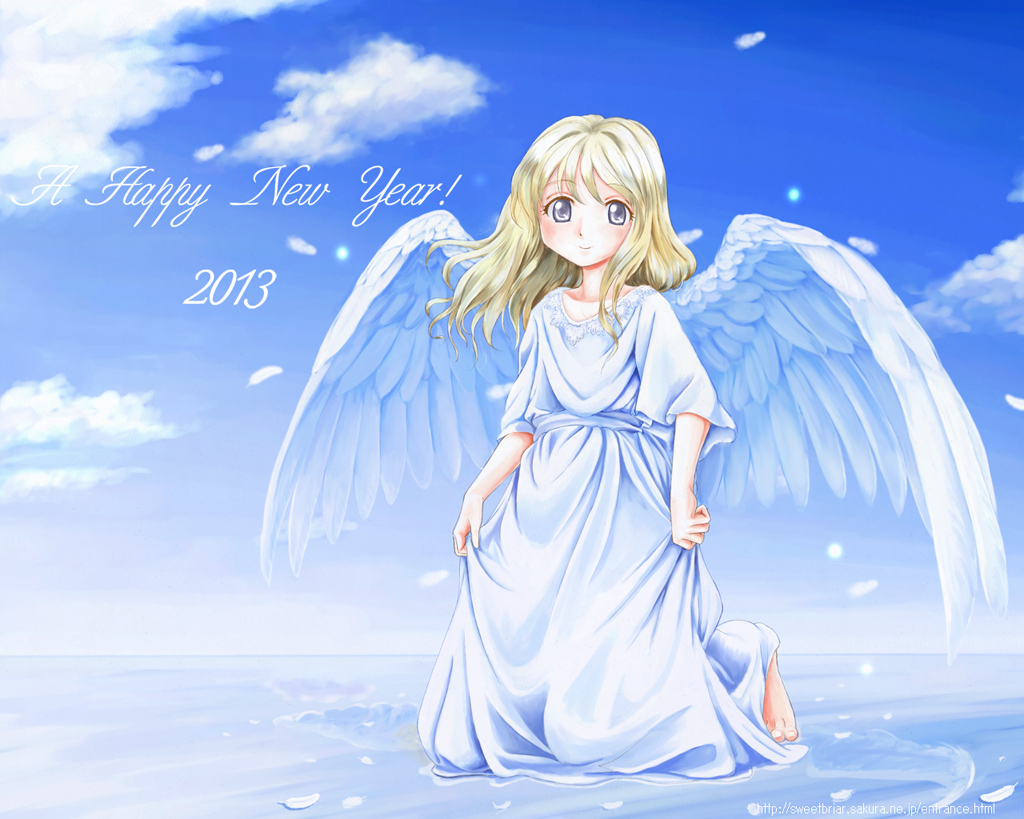 2013 angel angel_wings barefoot blonde_hair blue_eyes cloud day dress happy_new_year kahis_(sweetbriar) kneeling long_hair new_year original sky smile solo wings