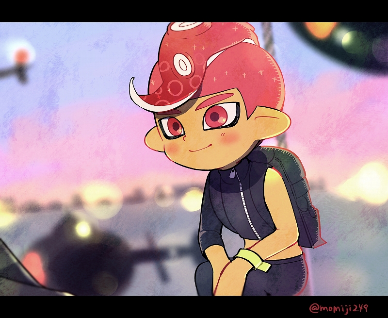 1boy aircraft blurry blurry_background blush closed_mouth helicopter kirikuchi_riku long_sleeves male_focus mohawk octarian octoling red_eyes red_hair short_hair single_sleeve smile solo splatoon splatoon_(series) splatoon_2 splatoon_2:_octo_expansion squatting suction_cups tentacle_hair wristband zipper zipper_pull_tab