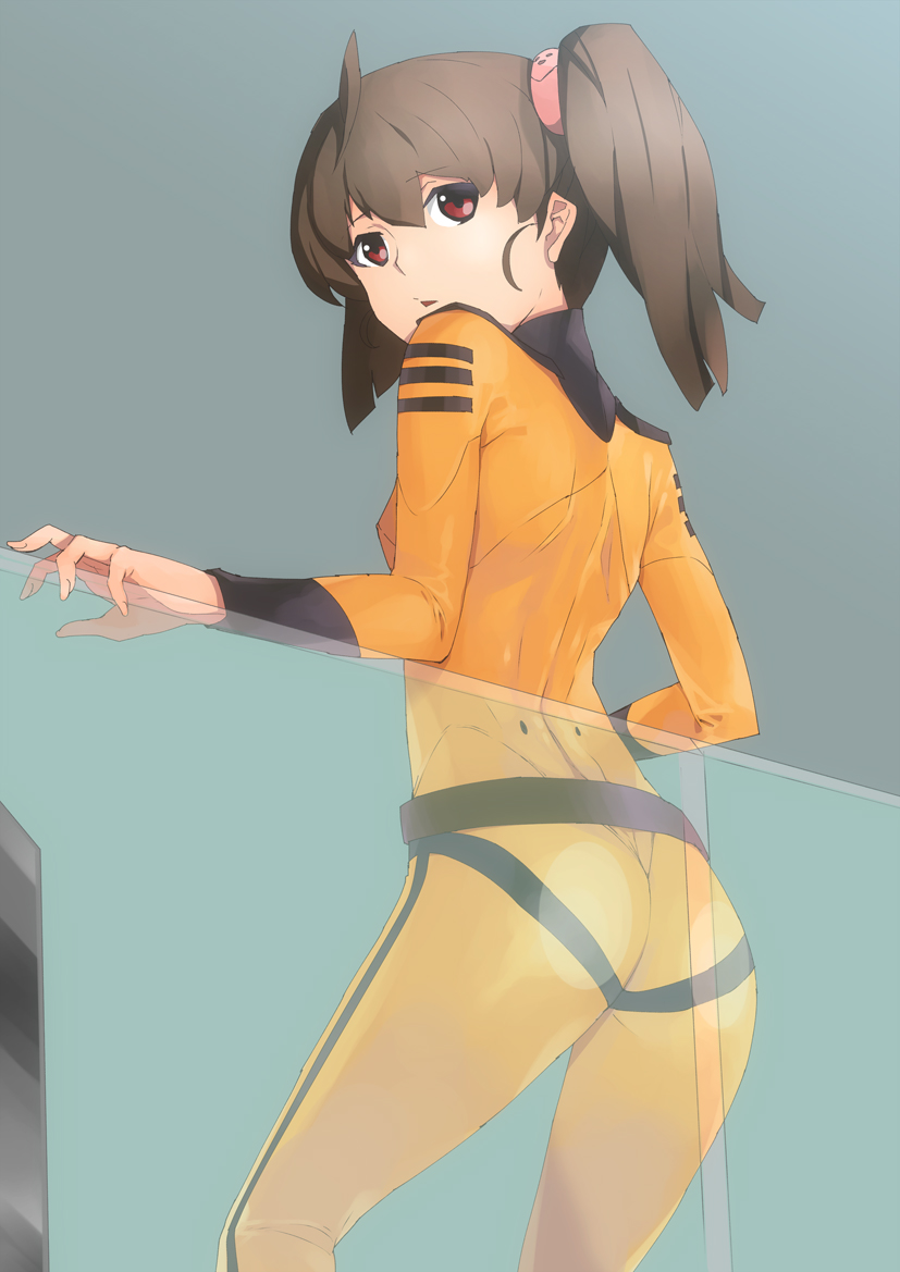 ass bodysuit brown_eyes brown_hair glass jack_hamster looking_back misaki_yuria orange_bodysuit solo twintails uchuu_senkan_yamato uchuu_senkan_yamato_2199