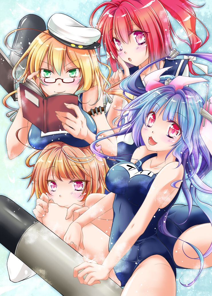 blonde_hair blue_hair book bow breasts green_eyes hair_bow hat i-168_(kantai_collection) i-19_(kantai_collection) i-58_(kantai_collection) i-8_(kantai_collection) ichinose_ibuki kantai_collection large_breasts multicolored_hair multiple_girls one-piece_swimsuit red_eyes red_hair school_swimsuit school_uniform swimsuit torpedo twintails two-tone_hair