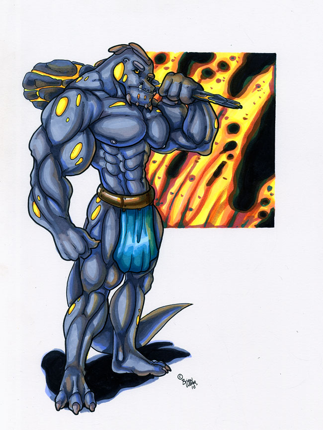 abs anthro biceps big_muscles blue_nipples blue_skin body_markings claws clothed clothing club dragon fangs half-dressed hornless loincloth looking_at_viewer male markings muscles nipples pecs pose reptile scales scalie solo spots standing teeth toe_claws toned topless weapon wolfgangcake yellow_eyes yellow_skin