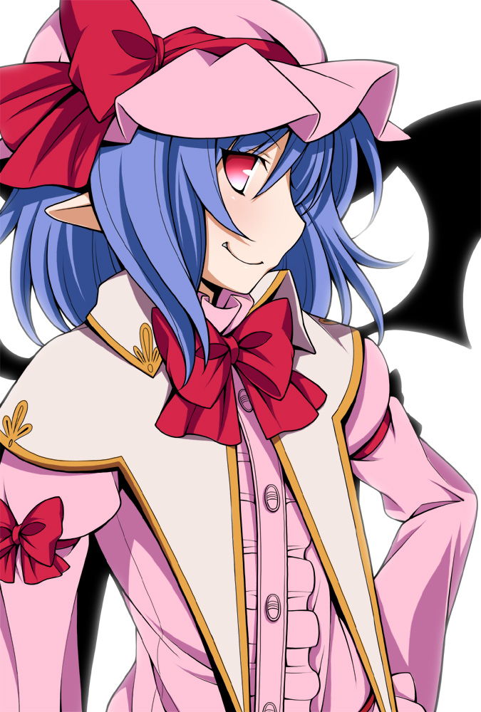 adapted_costume arm_ribbon bat_wings blue_hair bow capelet dress eichi_yuu fang hat hat_ribbon juliet_sleeves long_sleeves mob_cap pink_dress pink_eyes pointy_ears profile puffy_sleeves remilia_scarlet ribbon simple_background smile solo touhou white_background wings