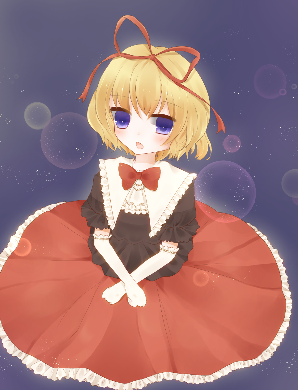 blonde_hair blouse blue_background blue_eyes bow elbow_gloves ena_(ena228) gloves hair_ribbon highres light_particles looking_at_viewer medicine_melancholy ribbon short_hair short_sleeves simple_background skirt solo touhou