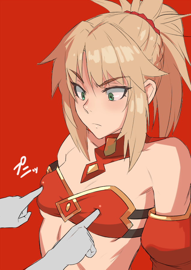 1girl blonde_hair bra breasts collar detached_sleeves fate/apocrypha fate_(series) green_eyes mikoyan mordred_(fate) mordred_(fate)_(all) poking ponytail raised_eyebrow red_background small_breasts underwear