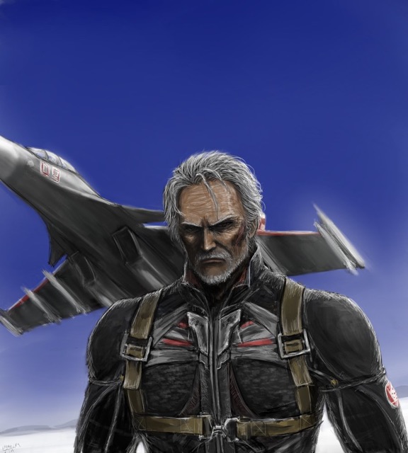1boy ace_combat ace_combat_7 aircraft airplane artist_request beard blue_sky commentary downscaled emblem facial_hair facial_scar fighter_jet jet looking_at_viewer md5_mismatch mihaly_a_shilage military military_vehicle missile mustache old_man patch pilot pilot_suit resized scar silver_hair sky strap su-30