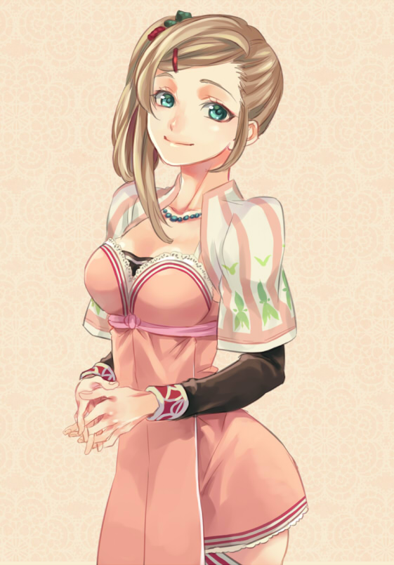 breasts brown_hair cowboy_shot driselle_sharil green_eyes hair_ornament hairclip interlocked_fingers jewelry lace lace_background light_smile long_sleeves medium_breasts miho_(mi) necklace side_ponytail tales_of_(series) tales_of_xillia
