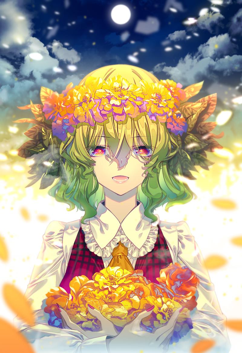 ascot cloud collar collared_shirt commentary_request flower flower_wreath frilled_collar frills full_moon green_hair head_wreath holding holding_flower kazami_yuuka long_sleeves looking_at_viewer moon nail_polish open_mouth petals red_eyes red_vest shirt touhou upper_body vest white_shirt wreath yellow_neckwear zounose