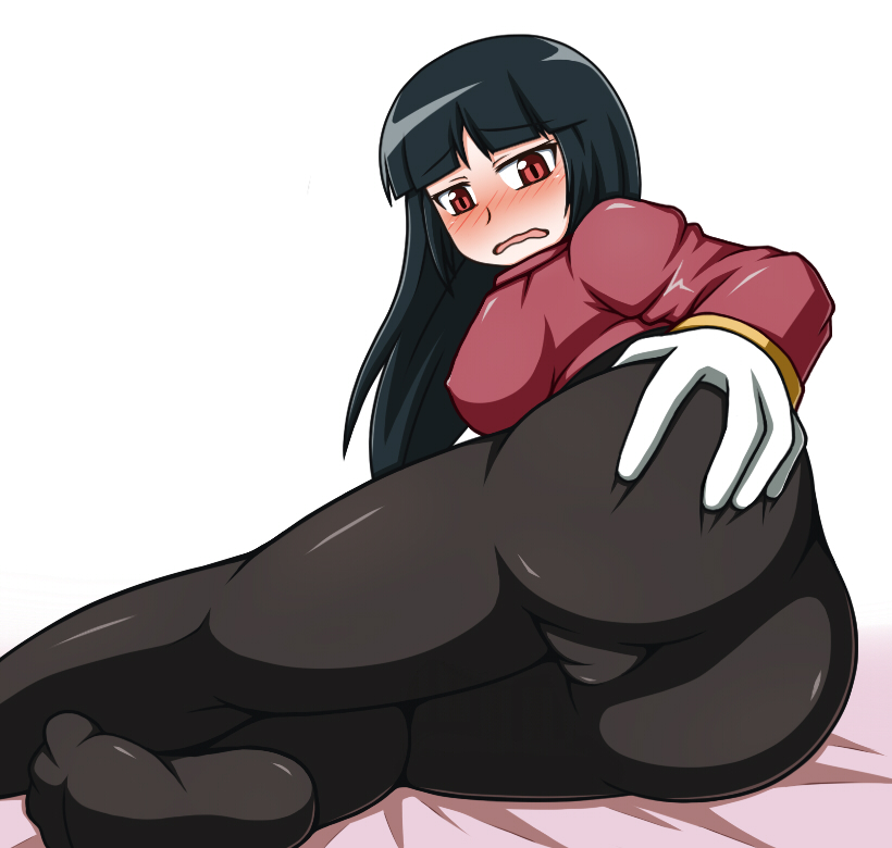 1girl ass ass_grab bed bed_sheet black_hair black_legwear blush breasts covered_nipples erect_nipples erect_nipples_under_clothes feet foot gloves gym_leader heart hips kneepits legs legwear long_hair looking_back lying natsume_(pokemon) nintendo on_side open_mouth pantyhose pokemon pokemon_(anime) pokemon_(game) recording red_eyes shiny smile solo sweat tongue translation_request worried