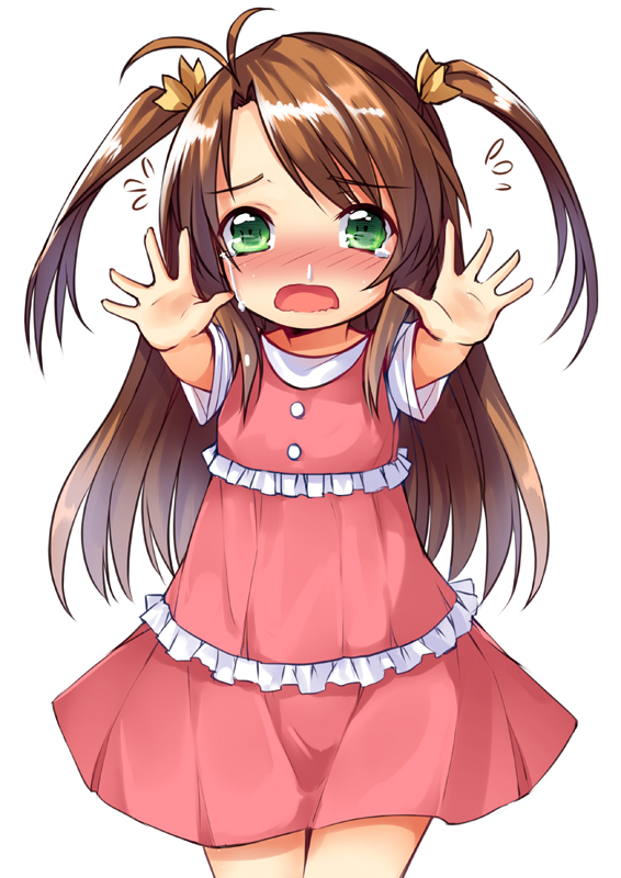 aixioo bad_id bad_pixiv_id blush brown_hair crying d: flying_sweatdrops green_eyes koshigaya_komari long_hair non_non_biyori open_mouth outstretched_arms snot solo tears two_side_up wavy_mouth white_background