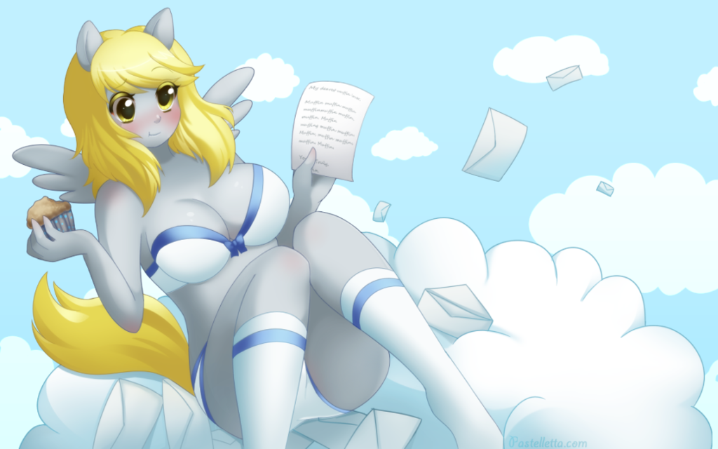 anthro anthrofied blonde_hair blush bra breasts cleavage clothed clothing cloud derpy_hooves_(mlp) equine female food friendship_is_magic hair horse letter mammal muffin my_little_pony panties paper pastelletta pegasus pony sky socks underwear wings yellow_eyes