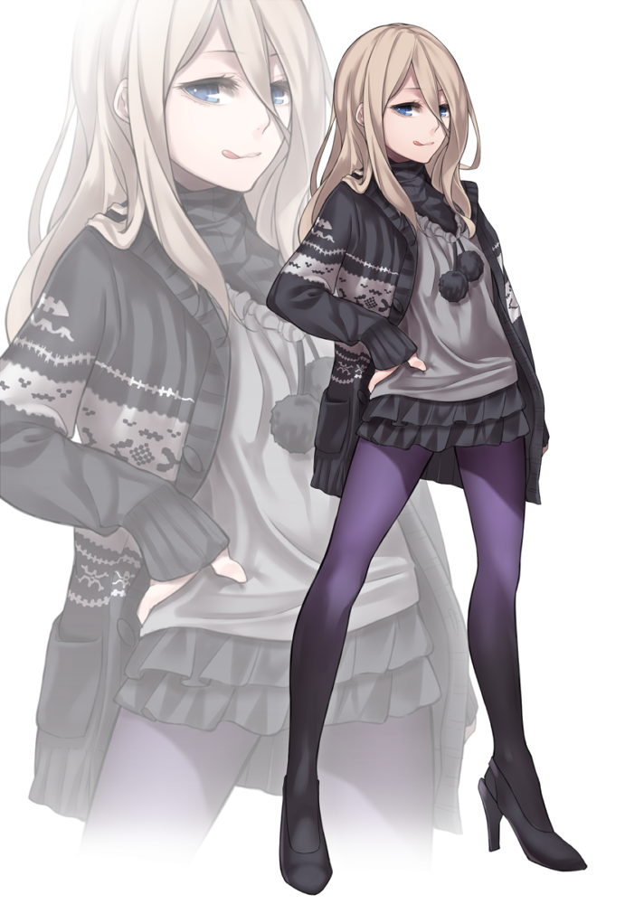 :q blonde_hair blouse blue_eyes fashion hand_on_hip high_heels jacket long_hair open_clothes open_jacket original pantyhose purple_legwear ray-akila skirt solo tongue tongue_out zoom_layer