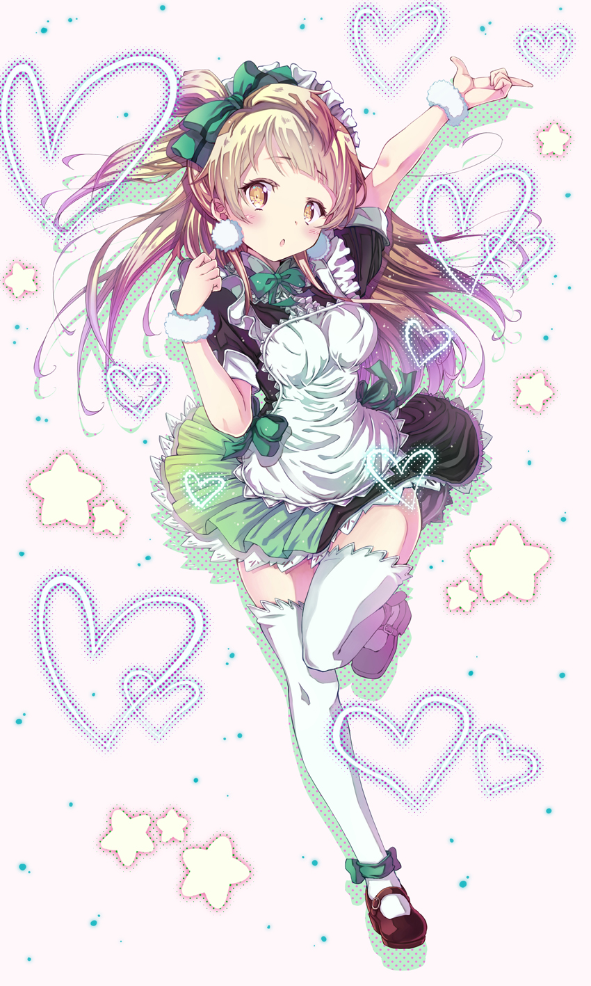 :o ankle_bow ankle_ribbon apron arm_up bangs blush bow bowtie earrings floating_hair full_body green_bow green_neckwear green_skirt hair_bow heart highres index_finger_raised jewelry leg_up light_brown_hair long_hair looking_at_viewer love_live! love_live!_school_idol_project mary_janes minami_kotori miniskirt mogyutto_"love"_de_sekkin_chuu! nean one_side_up open_mouth pom_pom_earrings ribbon shoes skirt solo standing standing_on_one_leg star thighhighs very_long_hair white_apron white_legwear wrist_cuffs yellow_eyes