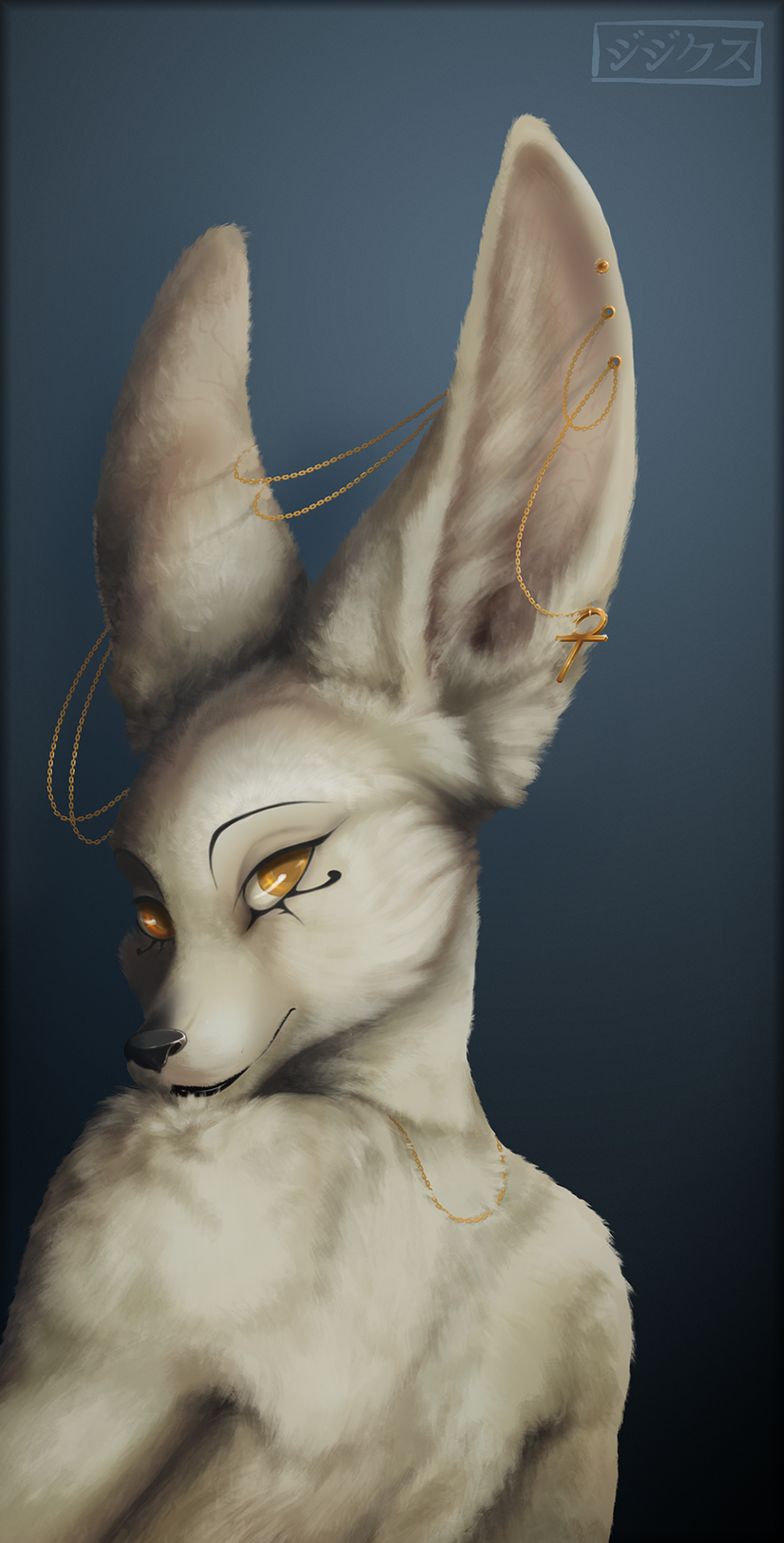 amber_eyes ambiguous_gender black_nose canine chain ear_piercing etheras etheras_(copyright) fennec fox fur grey_fur jijix looking_at_viewer male mammal piercing smile solo white_fur