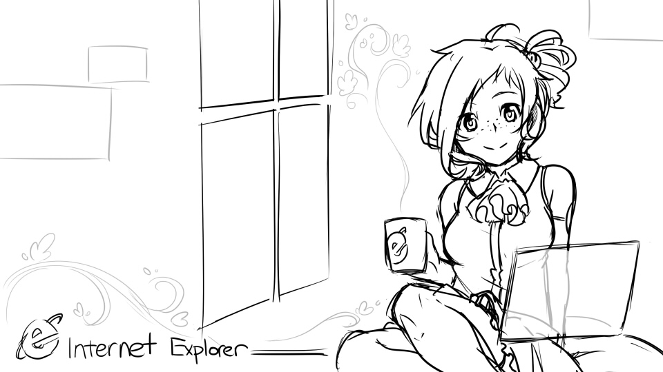 aizawa_inori collateral_damage_studios copyright_name cup freckles greyscale indoors internet_explorer looking_at_viewer monochrome mug personification sitting sketch skirt smile solo steam tea waha_(artist) window x-ray