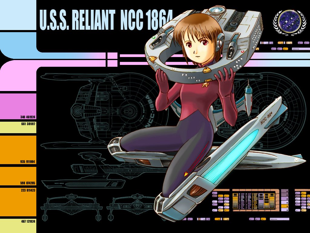aaru_sentou_shuudan bob_cut bodysuit brown_hair commentary_request cosplay diagram gloves lcars mecha_musume military military_uniform personification red_eyes schematics science_fiction space_craft star_trek star_trek:_the_next_generation uniform uss_reliant_(personification)
