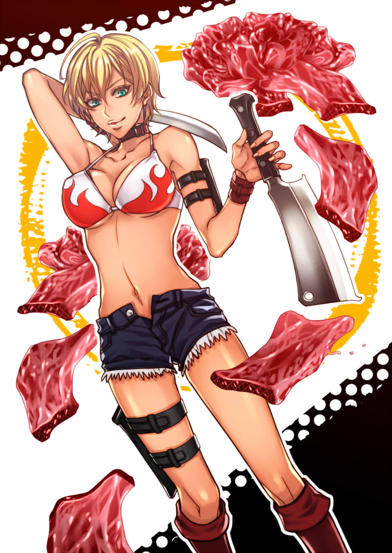 ahoge bikini_top blonde_hair boots breasts cleaver collar food green_eyes holster knee_boots knife large_breasts meat mito_ikumi navel shokugeki_no_souma short_hair shorts solo thigh_holster unbuttoned underboob youneko
