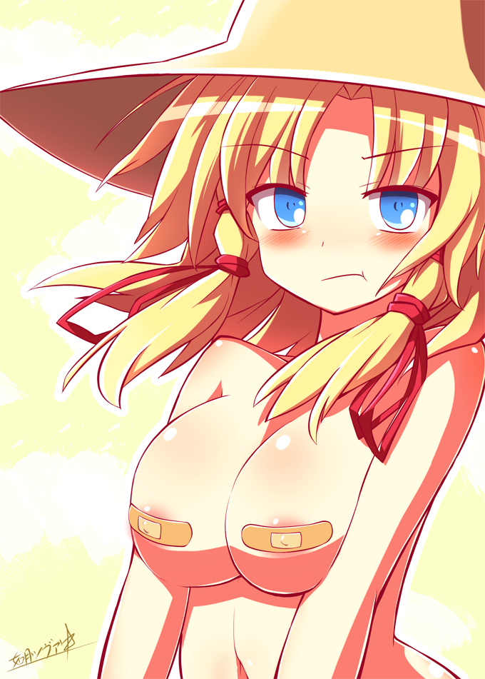 :t alternate_breast_size areola_slip areolae bad_id bad_pixiv_id bandaid bandaids_on_nipples banned_artist blonde_hair blue_eyes blush body_blush breast_squeeze breasts hat kisaragi_zwei large_breasts looking_at_viewer moriya_suwako nude pasties pout short_hair signature solo touhou upper_body yellow_background