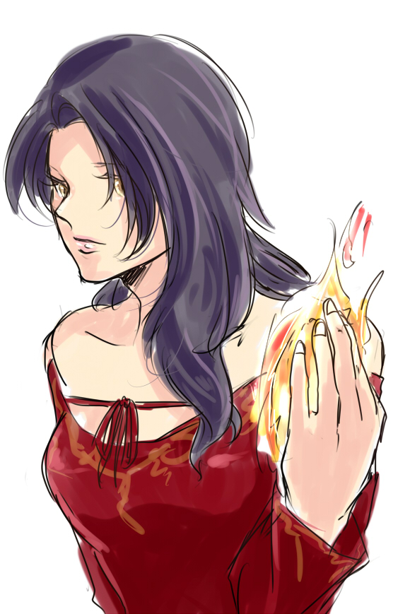 1girl breasts cinder_(rwby) cinder_fall fire hair_over_one_eye long_hair pixiv_manga_sample rwby simple_background white_background