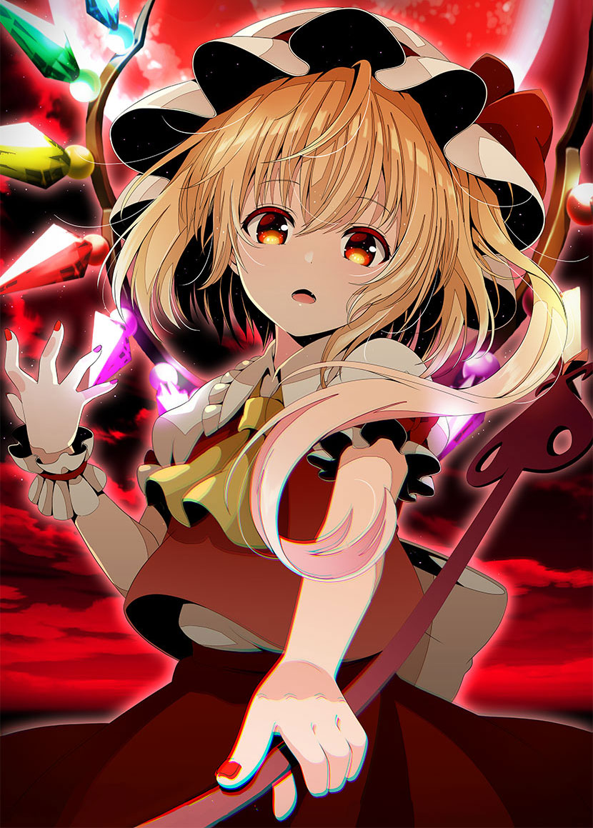 1girl ascot bangs banned_artist blonde_hair blush bow chromatic_aberration cloud cloudy_sky collared_shirt commentary_request crystal eyebrows_visible_through_hair fingernails flandre_scarlet frilled_shirt_collar frills full_moon hair_between_eyes hand_up hat hat_bow head_tilt holding laevatein long_hair looking_at_viewer mob_cap moon nail_polish night night_sky one_side_up open_mouth outdoors puffy_short_sleeves puffy_sleeves red_bow red_eyes red_moon red_nails red_skirt red_vest shirt short_sleeves skirt sky solo touhou vest white_hat white_shirt wings wrist_cuffs yellow_neckwear yuuka_nonoko