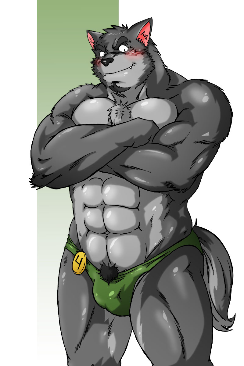 abs anthro biceps big_muscles bikini black_hair black_nose blush bodybuilder bulge canine chest_tuft clothing crossed_arms daisuke_yamamoto fangs funeral-paws fur grey_fur grin hair hunk looking_at_viewer male mammal muscles nipples pecs pose pubes smile solo standing swimsuit teeth thong tight_clothing topless tuft wolf