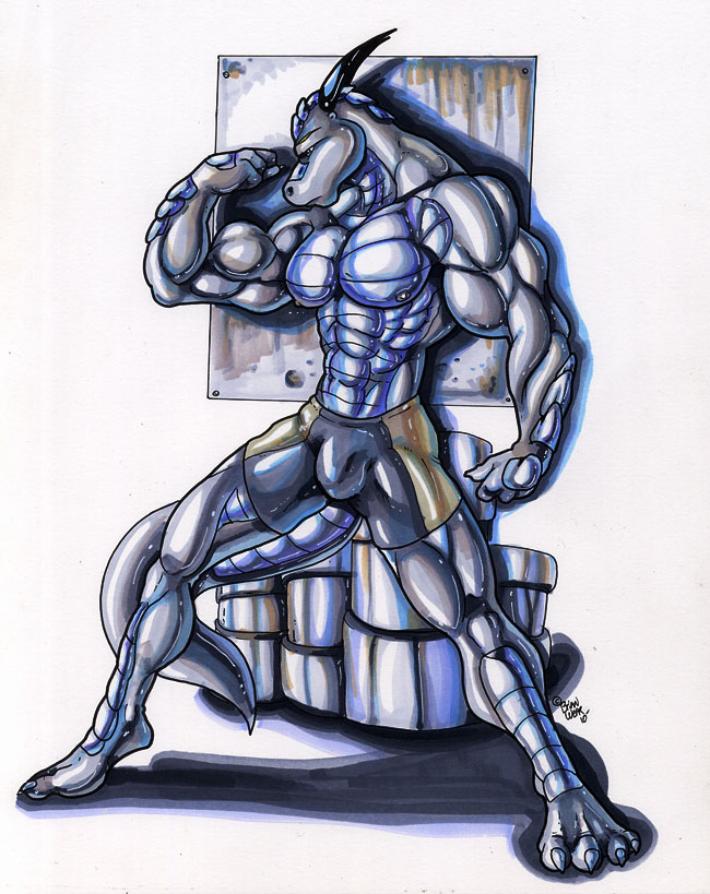 abs anthro biceps big_muscles blue_eyes blue_skin boxers bulge claws clothed clothing dragon flexing grey_skin half-dressed horn male muscles nipples pecs pinup pose reptile scales scalie shorts solo standing steel toe_claws toned topless underwear wolfgangcake