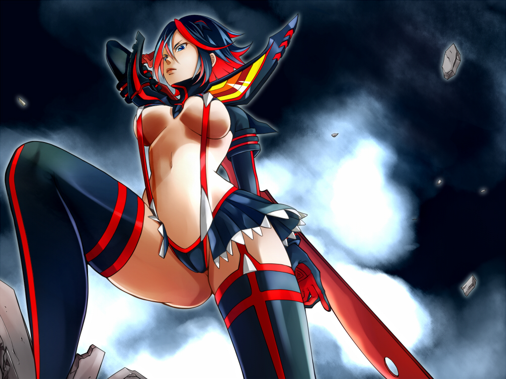 akari4 bad_id bad_pixiv_id black_hair blue_eyes boots breasts elbow_gloves gloves kill_la_kill matoi_ryuuko medium_breasts microskirt midriff multicolored_hair navel red_hair revealing_clothes scissor_blade senketsu short_hair skirt suspenders sword thigh_boots thighhighs two-tone_hair underboob weapon