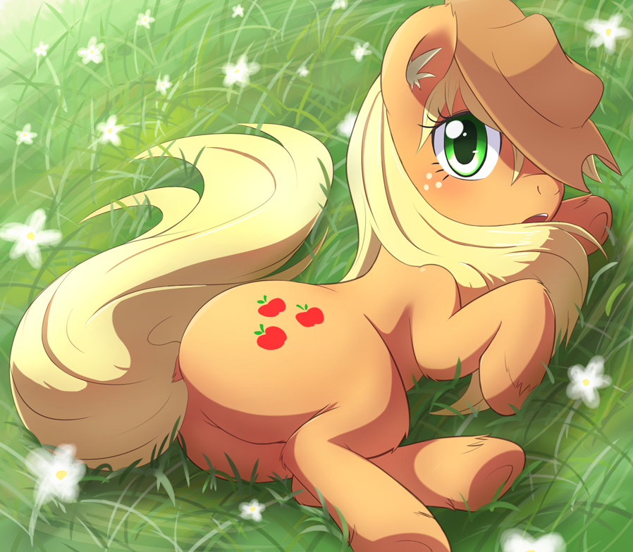aymint blonde_hair blush butt cowboy_hat cute cutie_mark equine female feral freckles friendship_is_magic fur grass green_eyes hair hat hooves horse long_hair looking_at_viewer lying mammal mane my_little_pony on_side outside pony solo surprise