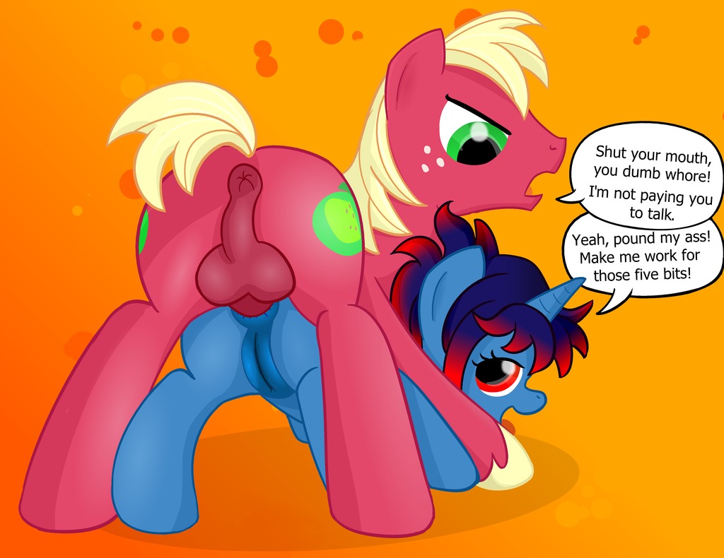 anal anal_penetration anus ass_up balls big_macintosh_(mlp) butt cutie_mark dialog duo equine female feral freckles friendship_is_magic from_behind horn horse male mammal my_little_pony nude ohohokapi original_character penetration penis pony prostitution pussy rude sex straight text tongue unicorn
