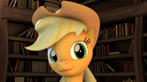 3d animated applejack_(mlp) blonde_hair book cgi cowboy_hat cute equine female feral friendship_is_magic green_eyes hair hat horse inside looking_at_viewer mammal my_little_pony mynokiarules pony smile solo source_filmmaker