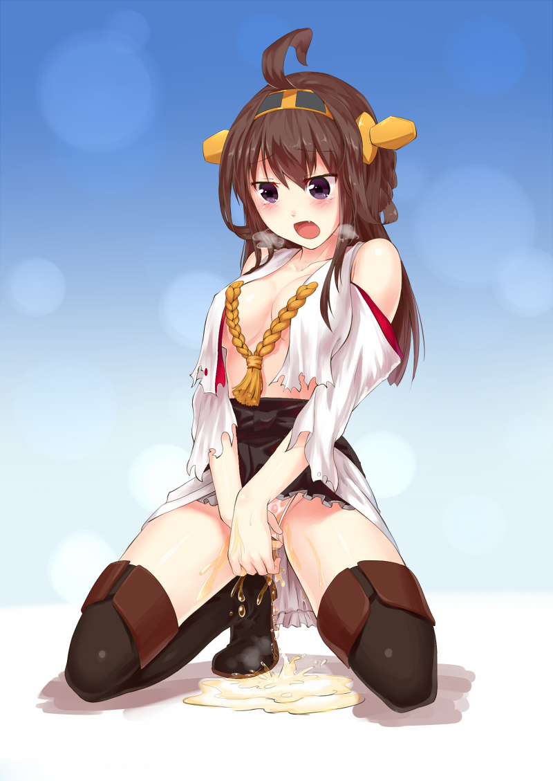 ahoge boots brown_hair fang hair_ornament hairband kantai_collection kongou_(kantai_collection) long_hair long_sleeves nontraditional_miko panties pee peeing purple_eyes solo thigh_boots thighhighs torn_clothes underwear wet wet_clothes wet_panties white_panties wide_sleeves yonaga_(masa07240)