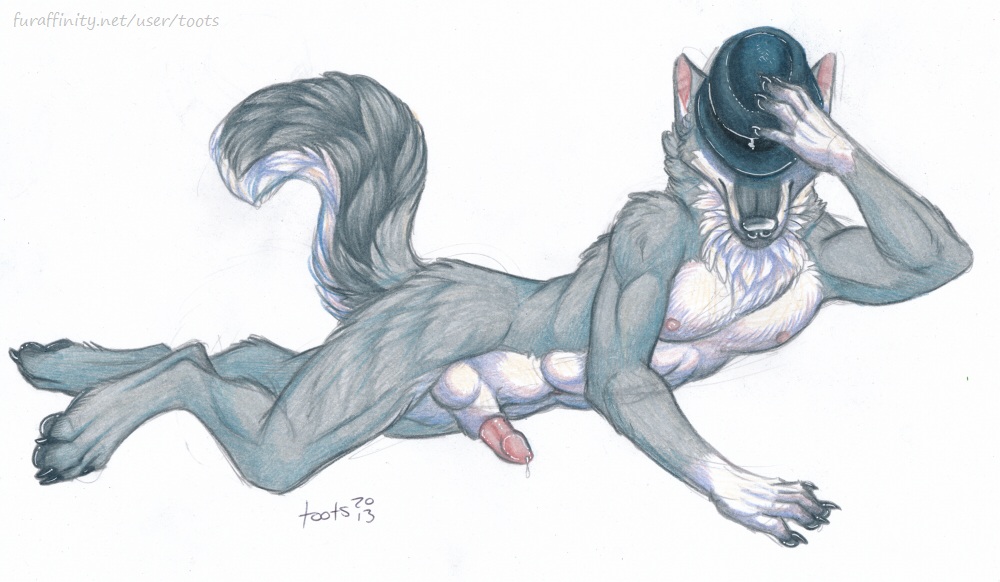 anthro canine claws erection hat knot knot_in_sheath lying male mammal nipples nude penis pinup plain_background pose precum sheath solo toots wolf