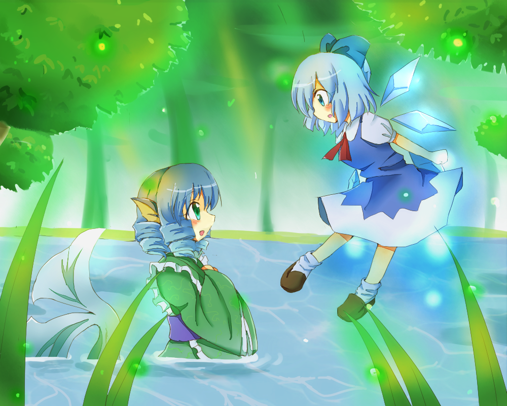 ankle_socks arms_behind_back blue_eyes blue_hair blush cirno clenched_hands dress drill_hair eye_contact fairy flying forest grass green_eyes hands_on_own_chest head_fins ice ice_wings japanese_clothes kimono lake light_particles light_rays long_sleeves looking_at_another mermaid monster_girl multiple_girls nature obi open_mouth partially_submerged profile ribbon sash short_hair short_sleeves sunbeam sunlight tanikake_yoku touhou wakasagihime wide_sleeves wings