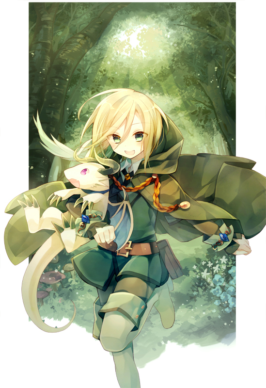 animal animal_hug belt blonde_hair boots cape fantasy forest green_eyes green_skirt ibara_riato long_sleeves mushroom nature open_mouth original pantyhose running skirt smile solo thigh_boots thighhighs