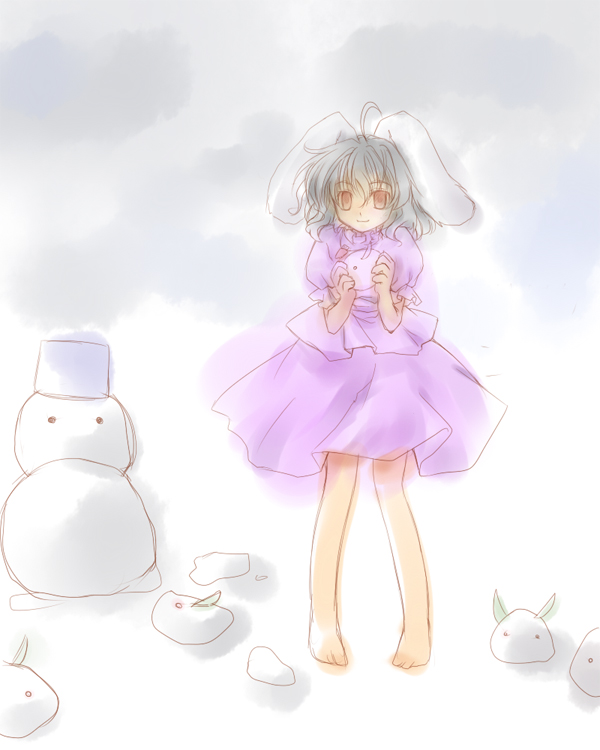 animal_ears barefoot brown_hair bunny_ears dress full_body inaba_tewi kawatsuki looking_at_viewer outdoors red_eyes short_hair smile snow snow_bunny snowman solo standing touhou winter