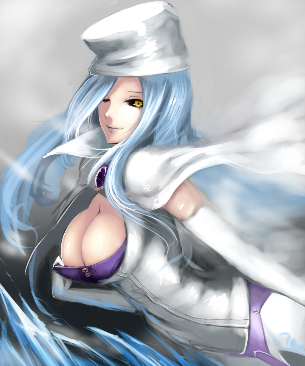 belinda_(unlight) black_sclera blue_hair blue_lipstick breasts brooch cape cleavage cleavage_reach corset elbow_gloves gem gloves hat highres ice jewelry kumiko_shiba large_breasts lipstick long_hair makeup solo unlight white_gloves yellow_eyes