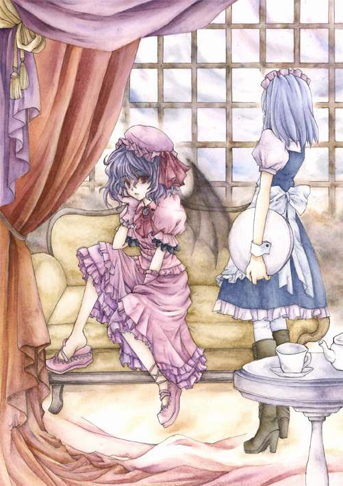 apron ascot blue_hair boots chin_rest couch cup curtains dress gloves hat indoors izayoi_sakuya kawatsuki maid maid_headdress mob_cap multiple_girls pantyhose pink_dress puffy_sleeves red_eyes remilia_scarlet room shoe_dangle short_sleeves silver_hair sitting teacup teapot touhou window