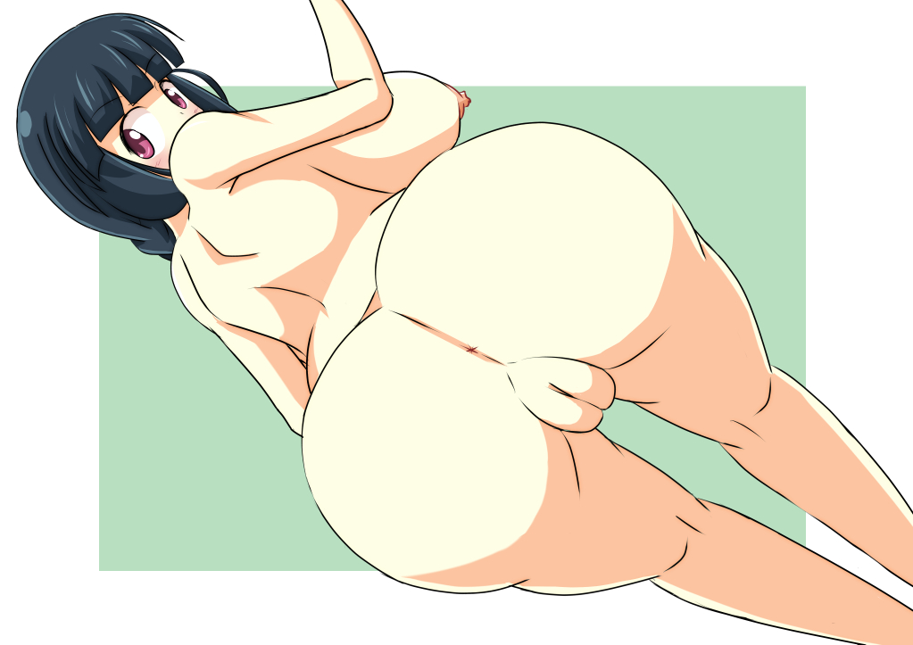 1girl anus ass bent_over black_hair breasts female from_behind gunnersbroom huge_breasts kantai_collection kitakami_(kantai_collection) long_breasts looking_back nipples nude purple_eyes pussy simple_background solo standing uncensored